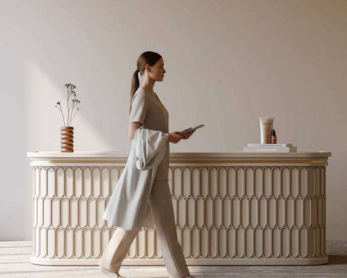 Calm reception area with a curved desk